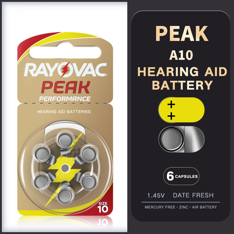 RAYOVAC PEAK 60PCS Hearing Aid Batteries A10 10A ZA10 10 S10, 60 PCS Hearing Aid Batteries Zinc Air Battery For Sound Amplifiers