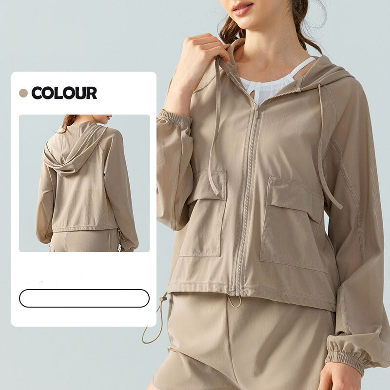 Summer Loose Zipper Drawstring Yoga Long Sleeved Hooded Fashionable And High-end Sports Top For Women