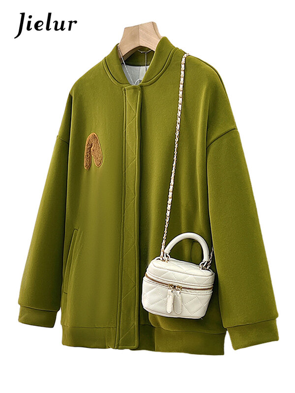 Jielur New Vintage Green Chic Loose Female Jackets Embroidery American Zipper O-neck Pockets Casual Women's Coats Preppy Style