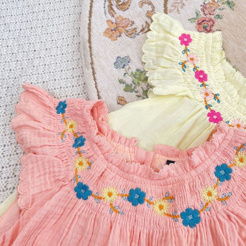 In stock! Girl's DressSummer Girl's Countryside Style Heavy Industry High Set Embroidered Flower Flying Sleeves Children's Dress