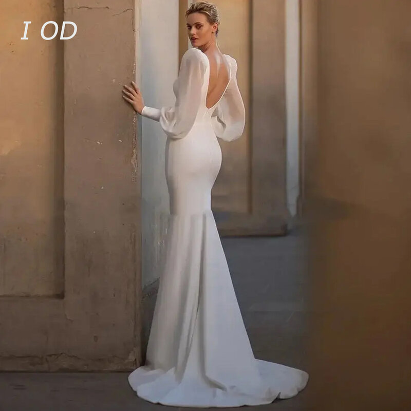 I OD Modern Pure White Mermaid Wedding Dress Fashionable V-neck Crystal Long sleeved Sexy Open Back Bridal Dress De Novia