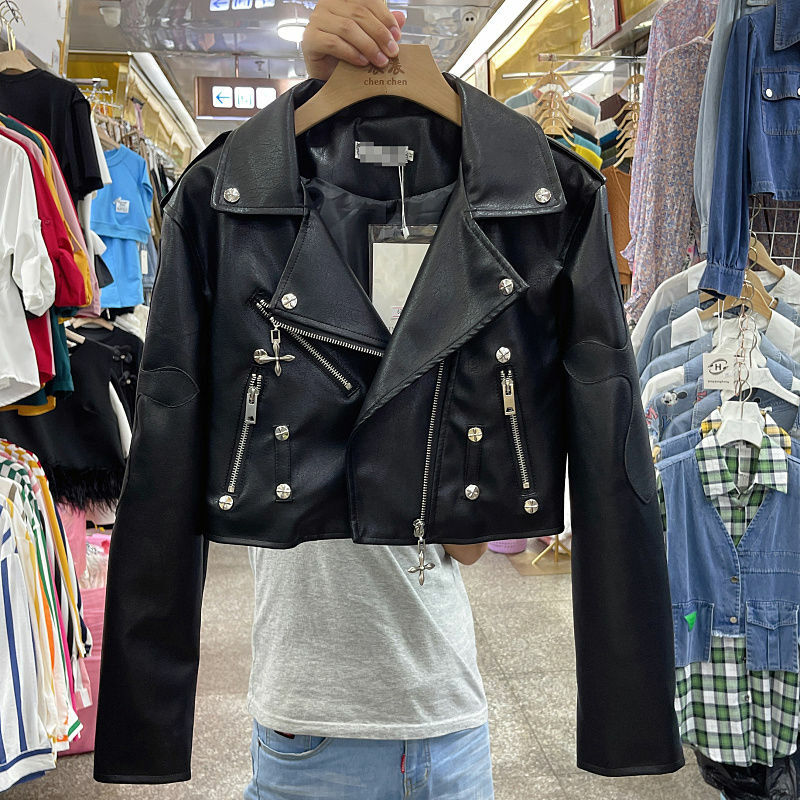 여성용 가죽 코트, 펑크 패션 짧은 오토바이 재킷, 상의, 2024 용수철 가을 신상