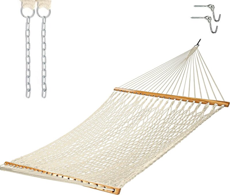 Castaway Living 13 ft. Double Traditional Hand Woven Cotton Rope Hammock with Free Extension Chains & Tree Hooks, Designed