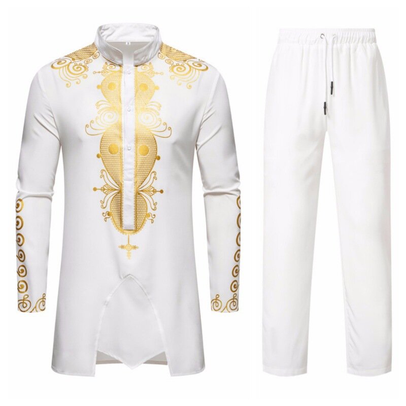 Conjunto de camisa muçulmana de impressão dourada africana masculina, gola, roupas, vestidos, top, terno de calças, fantasia casual, moda