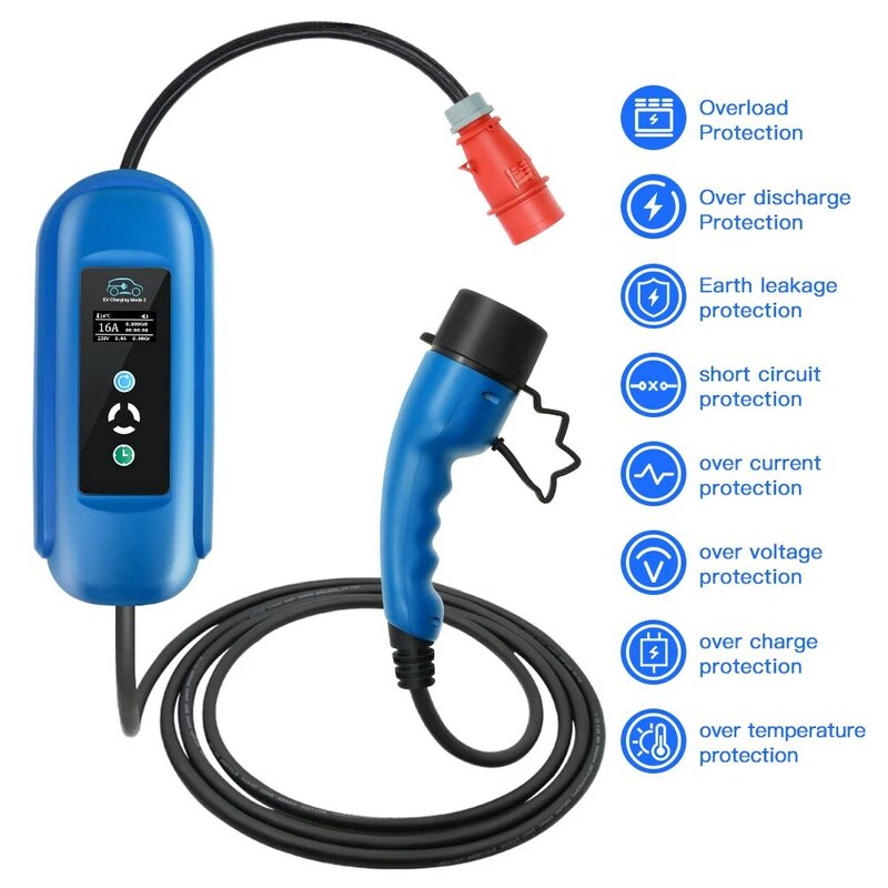 Mobile EV Charger 16A 11KW Type 2 IEC-62169 Plug Adjust Current Timer Charging For Hybrid Eletric Vehicle Cars 5M Cable