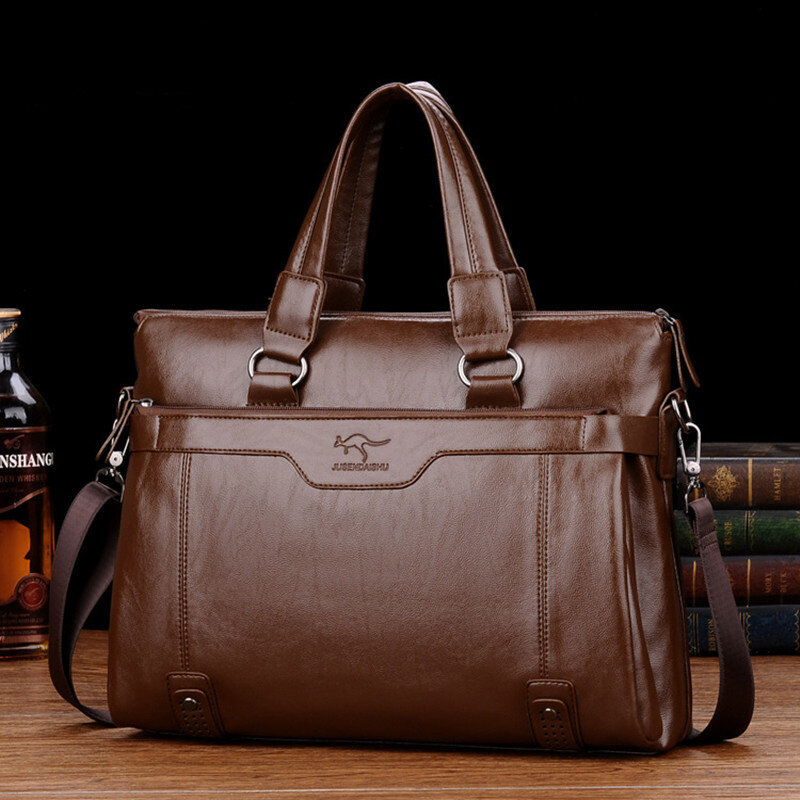 Vintage Men's Zipper Briefcase Business PU Leather Executive Handbag Large Capacity Shoulder Messenger Bag Male Laptop