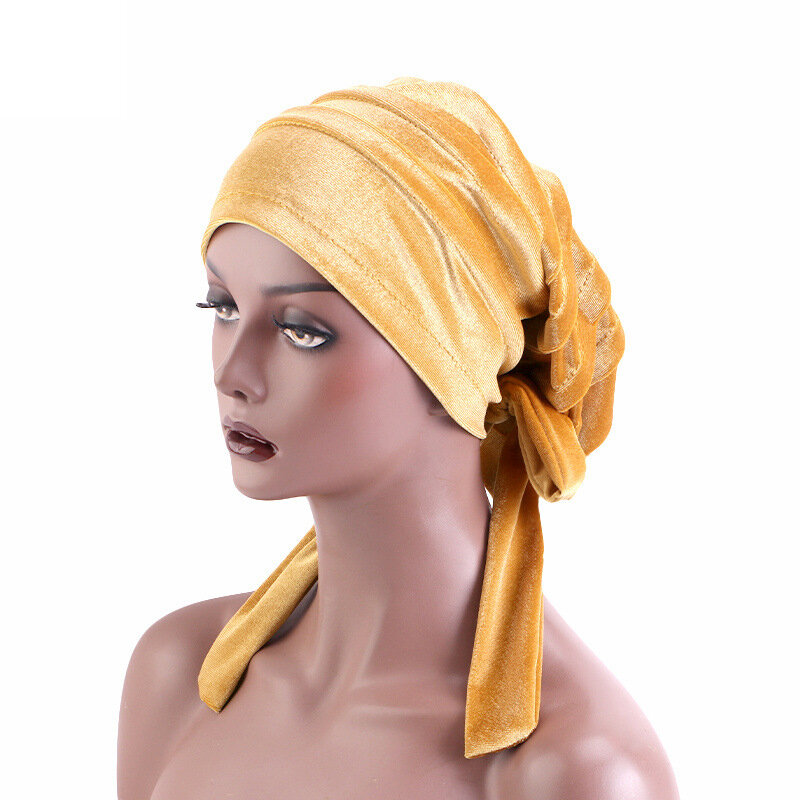 Velluto donne musulmane Hijab lungo foulard nastro turbante Pre-legato con fiocco moda cura dei capelli cancro chemio Cap cappello africano Headwrap