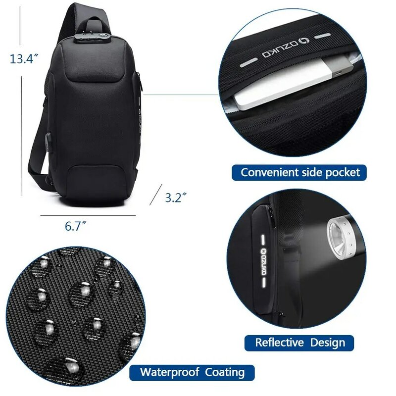 กระเป๋าเป้สะพายหลัง Crossbody กระเป๋าสะพายกันขโมยกระเป๋าคาดหน้าอกกันน้ำพร้อมพอร์ตชาร์จ USB เดย์แพกลำลองน้ำหนักเบา