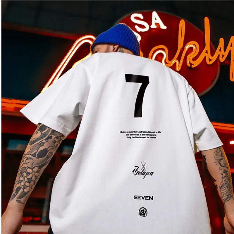 Kaus Oblong Cetakan Tujuh Huruf Jalan Tinggi untuk Pria Kaus Oblong Lengan Pendek Leher Bulat Musim Panas Kaus Oblong Ukuran Besar Homme Hip Hop Y2K