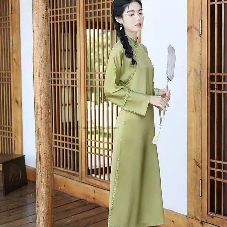 Estilo Chinês Vestido Vintage Cetim Tradicional Vestido Cheongsam Qipao Elegante Vestido De Festa Qipao Oriental Elegante Vestido De Dança Folclórica