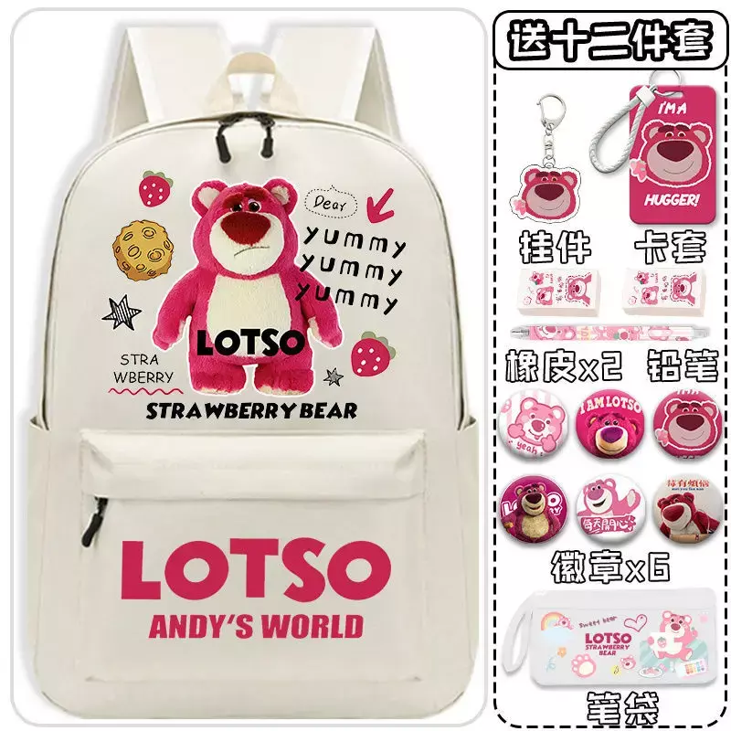 Sanrio-mochila escolar con dibujo de oso de fresa para estudiantes, mochila ligera de descompresión, de gran capacidad, duradera, para hombres y mujeres