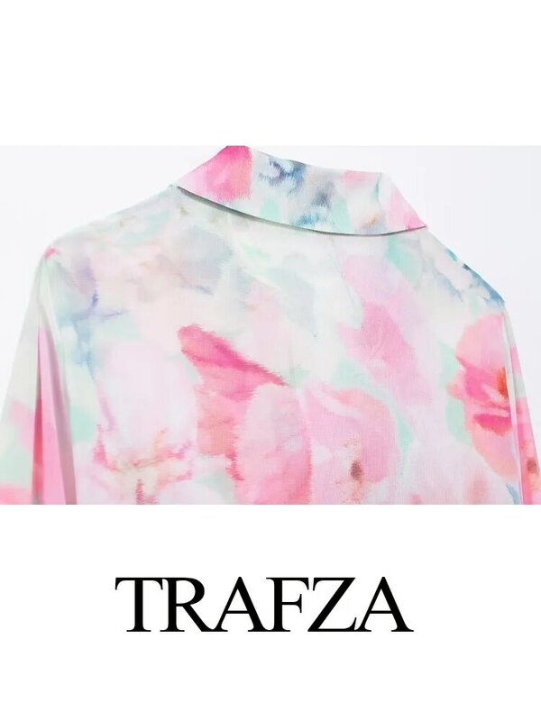 TRAFZA-Blusa con estampado para mujer, camisa de manga larga con cuello vuelto y lazo decorativo, bohemios, a la moda, para verano, 2024