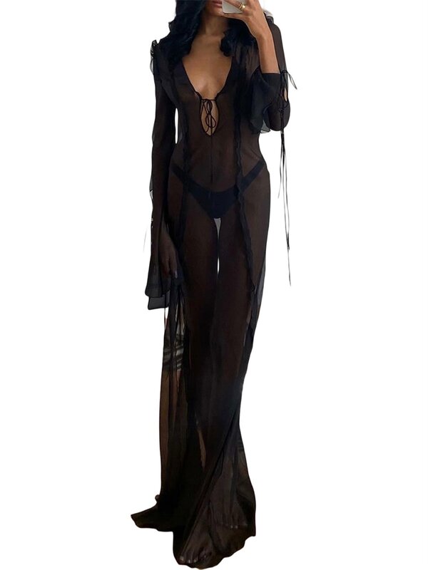 Robe longue en maille transparente pour femmes, Y2k, Sexy, gothique, manches longues, moulante, col en V, cravate, devant, fente latérale