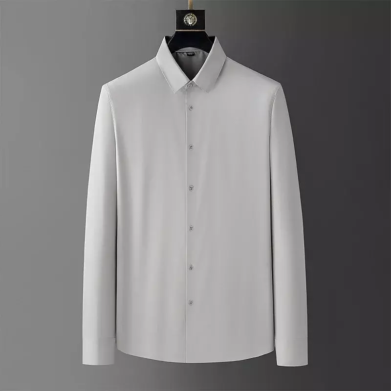 Camisa de cor lisa de manga comprida masculina, sem costura, fina, sem engomar, qualidade, negócio, primavera, novo