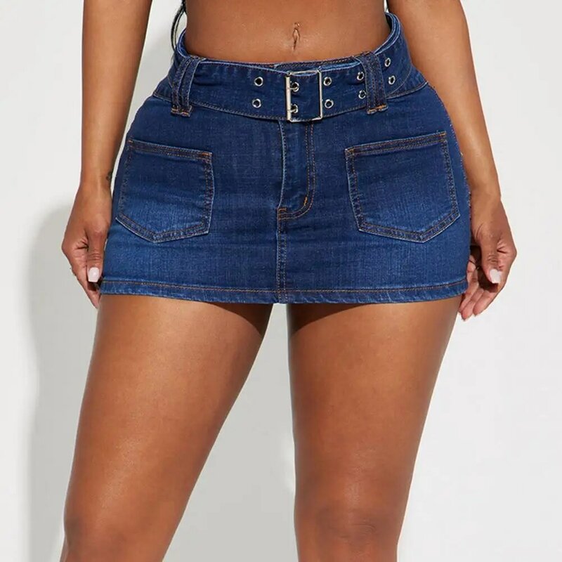 Женская джинсовая мини-юбка с регулируемым поясом и карманами