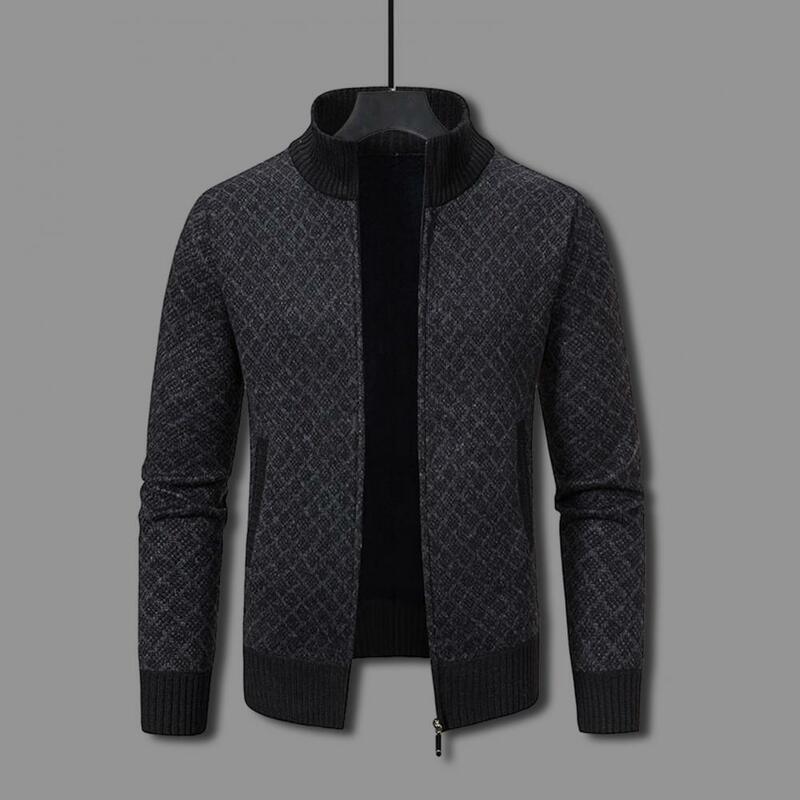 Men Fall Winter Cardigan Sweater Knitted Stand Collar Neck Protection Color Matching Zipper Closure Long Sleeve Men Coat Jacket