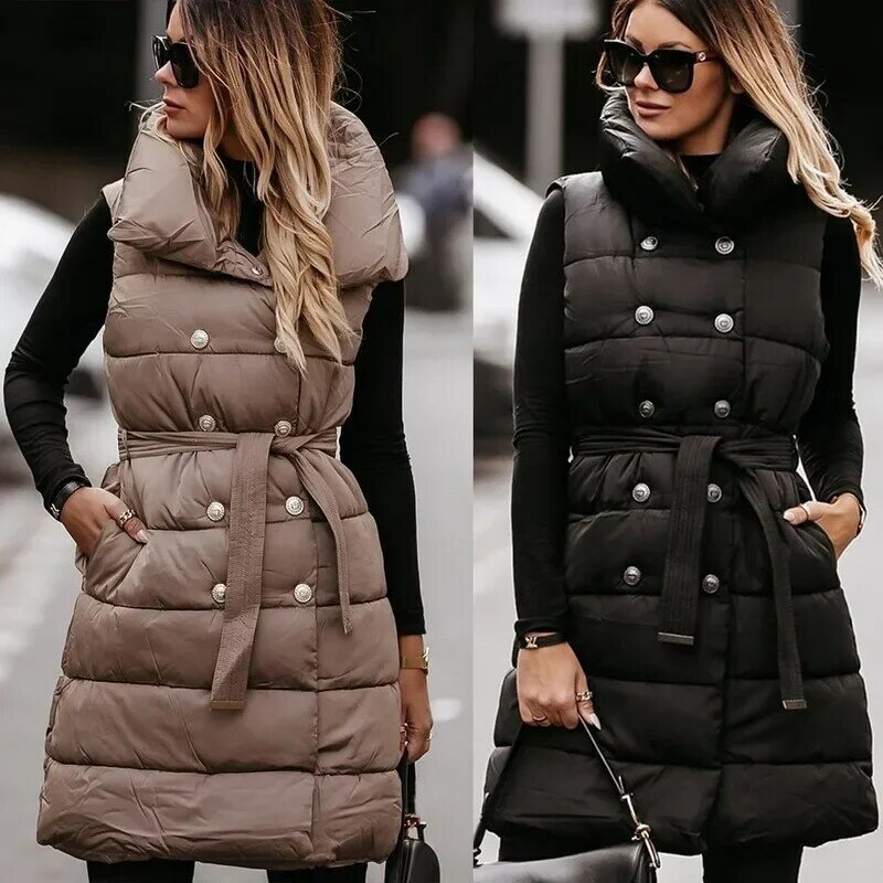 Chaqueta acolchada de algodón para mujer, abrigo cálido sin mangas con botones y cinturón, color negro, para invierno, 2023