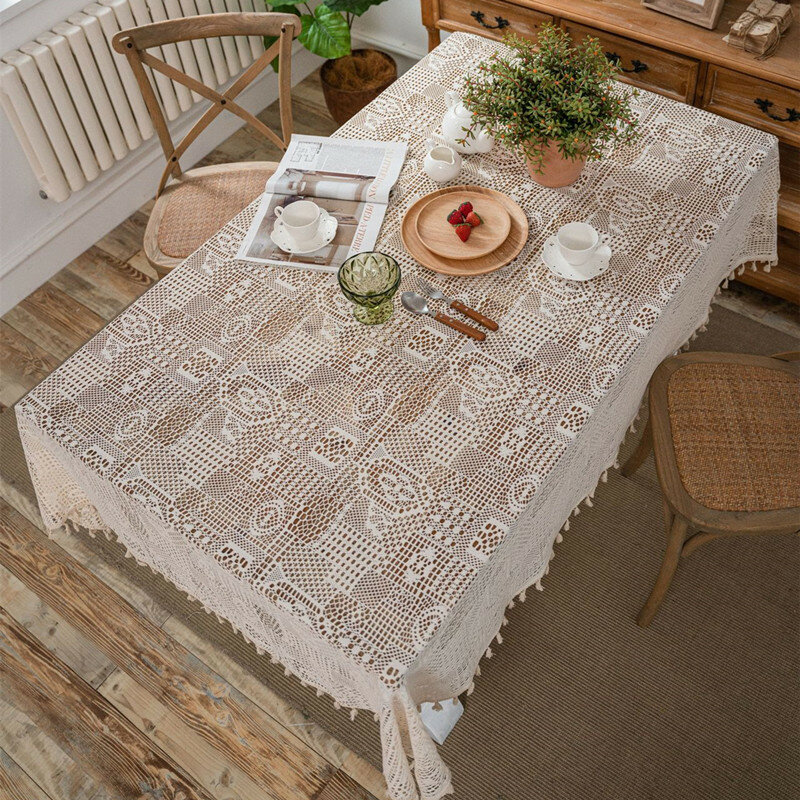 Europeu pastoral artesanal crochê frisado bege retangular toalha de mesa jantar sofá conjunto capa pano decoração do casamento natal