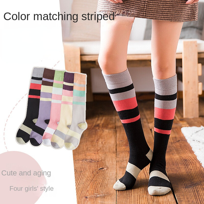 Kaus kaki panjang selutut wanita, kaus kaki stoking warna polos motif garis-garis katun kasual olahraga hangat gaya Jepang Mode Korea