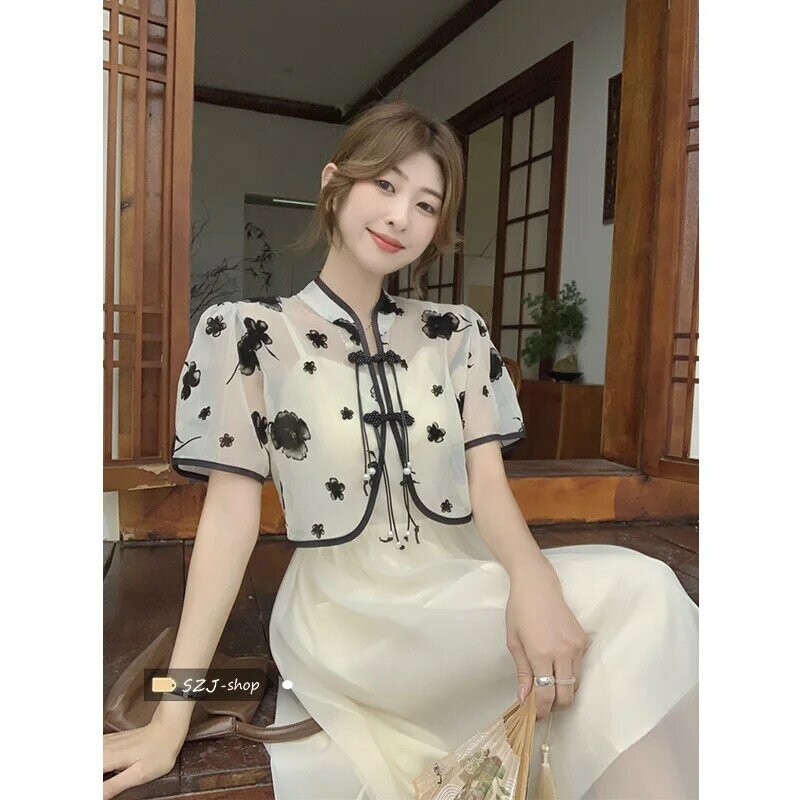Korean Sets Women Print New Chinese Style Button Tender Thin Sun-proof Crop Tops Midi Dresses Elegant Vintage Ulzzang Casual