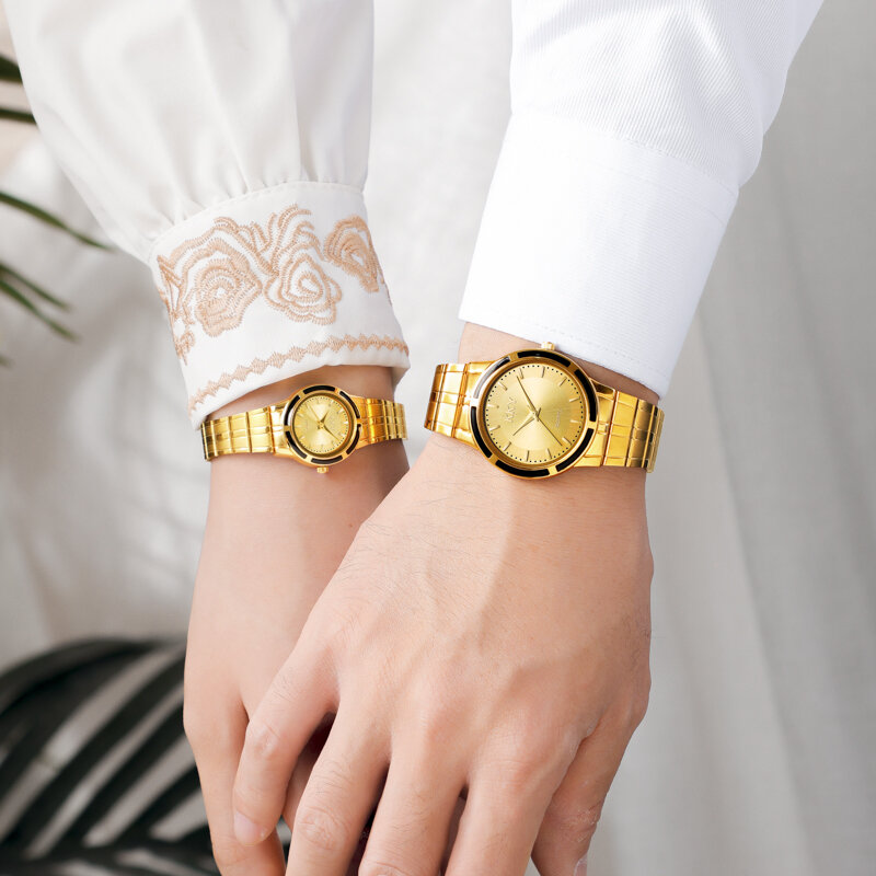 KKY jam tangan emas Pasangan Pria Wanita, arloji Quartz santai olahraga modis tahan air