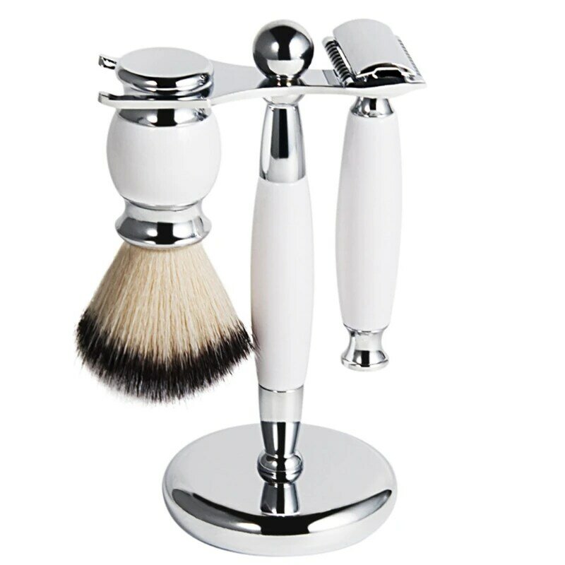 Profissional 3 1 barbear manual luxo escova limpeza barba barbeador metal para navalha suporte cabelo