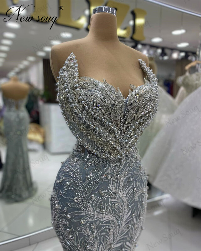 Vestidos De noche con cuentas De plata, vestidos De desfile largos De sirena De talla grande, vestidos De fiesta De boda formales con cristales De Dubai