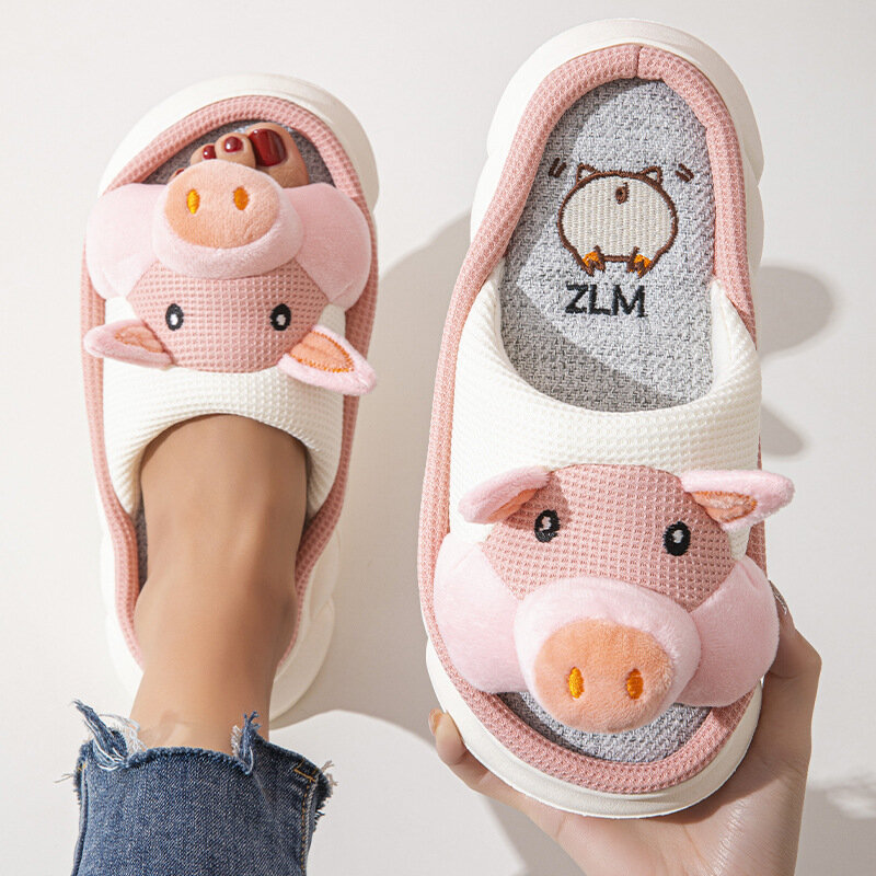 2024 Cute Pig Platform Slippers Thick Sole Summer Shoes Woman Indoor Cotton Linen Slipper Anti-slip Breathable Home Floor Slides
