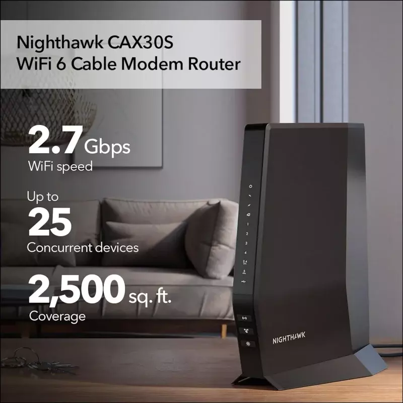 NETGEAR Modem kabel Nighthawk WiFi 6 Router Combo dengan langganan Armor 90 hari (CAX30S) -kompatibel dengan penyediaan kabel utama