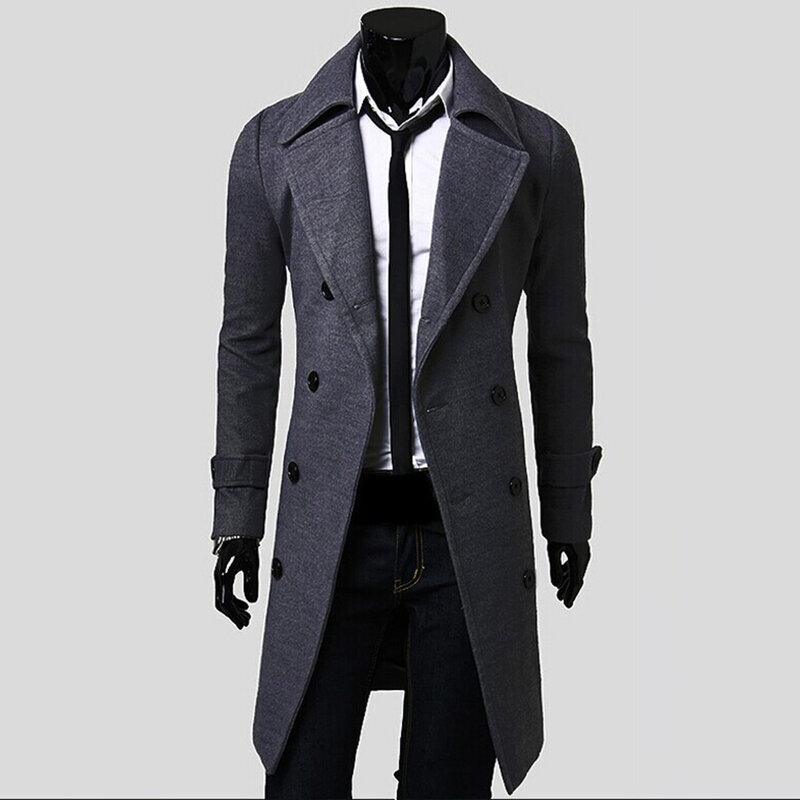 Fashionable Men's Casual Winter Coat Lapel Button Overcoat Windbreaker Warm Slim Fit Wool Blend (80 characters)