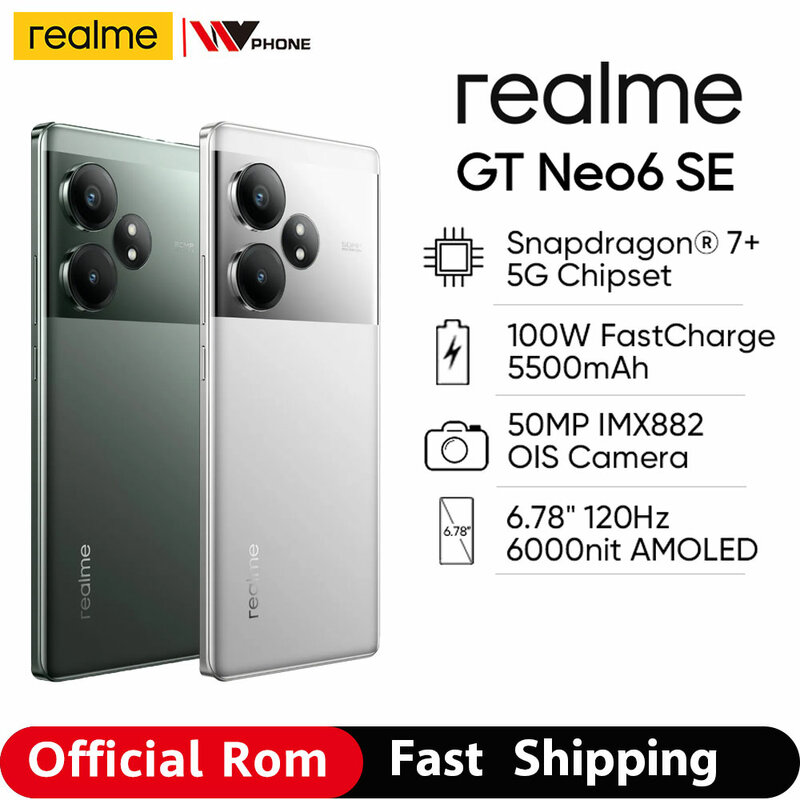 Odblokowany oficjalny smartfon rom realme GT Neo 6 SE 5G Snapdragon 7+ 50 MP OIS 6,78 "6000nit Super wyświetlacz 5500 mAh 100 W NFC