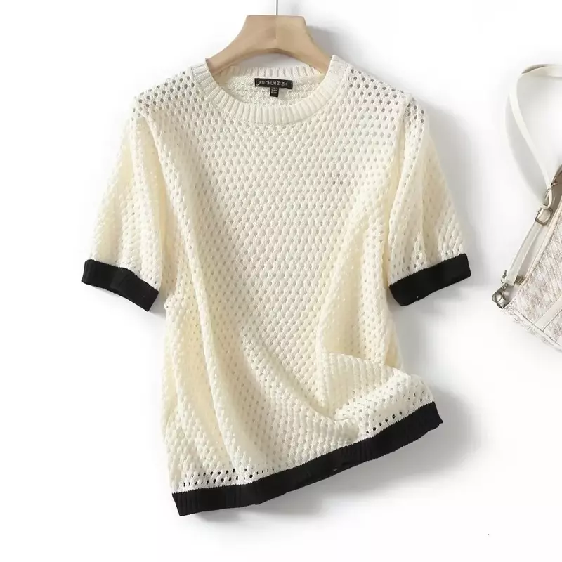 Women's 2023 Fashion New Soft Commuting Style Stitching Hollow Sweater T-shirt Retro Pullover Female Chic Top