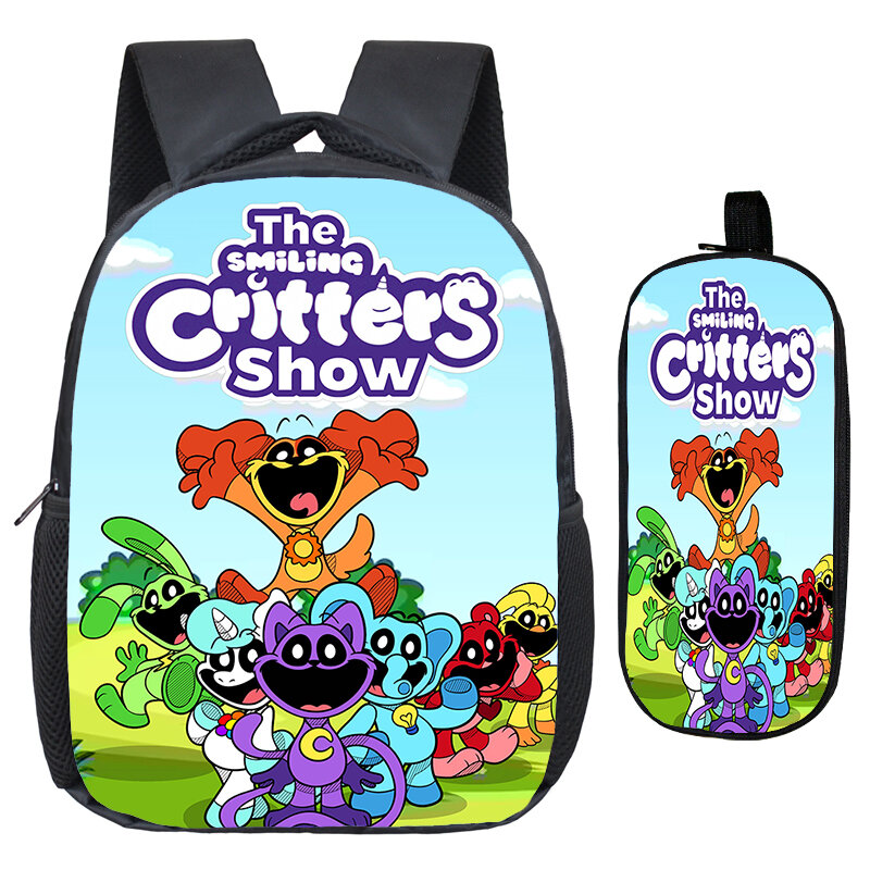 Mochila De Critters sonrientes para niños y niñas, Juego de 2 piezas de dibujos animados divertidos, mochilas escolares, bolsa pequeña