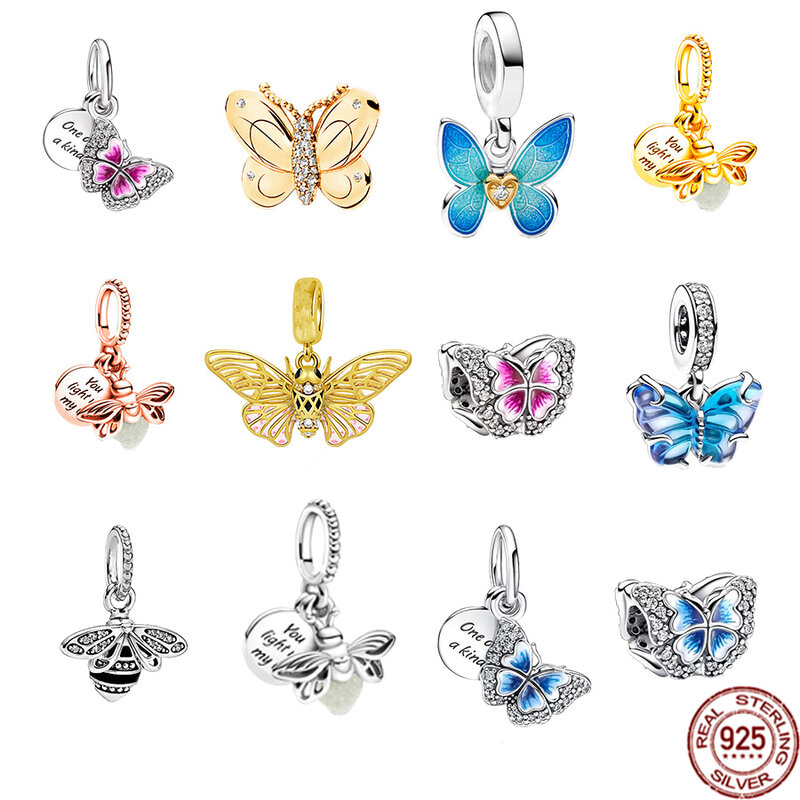 New 925 Sterling Silver Murano Glass Butterfly，Glow Firefly Dangle Charm Jewelry Bead For Women Fit Original Pandora Bracelet