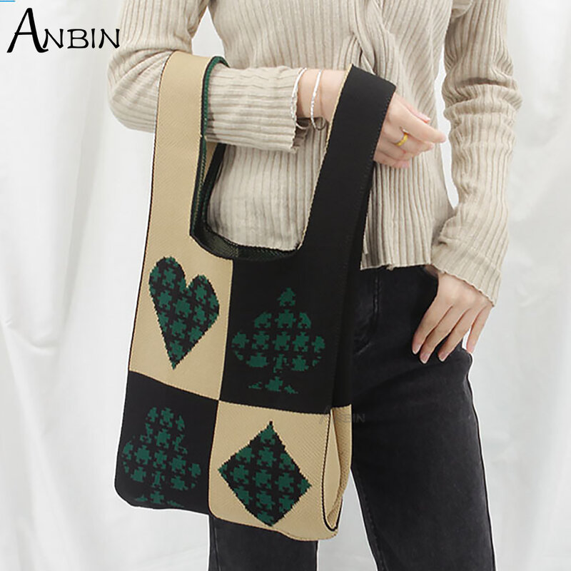 Women's Knitting Fabric Knot Wrist Handbag Stripe Chequer Chess Design Shoulder Shopper Bag Decoration Purses Woolen Travel Tote