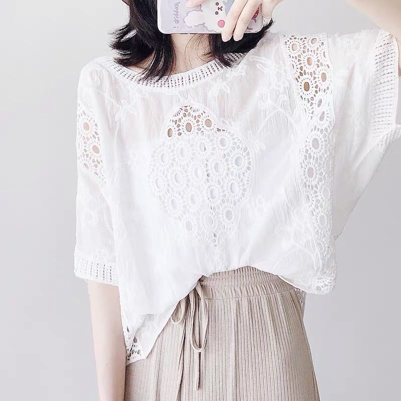 Mori Girl Style Solid Color Loose Blouse 2023 Summer Fashion Hollow Out Casual Round Neck Women's Clothing Lace All-match Shirt