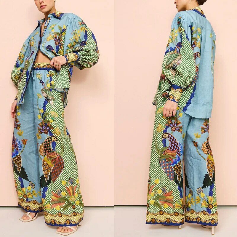 New Holiday Shirt And Trousers Suit Women's Fashion Loose Wide-Leg Pants Print Bubble Sleeve Rope Casual Two-Piece Suit Woman