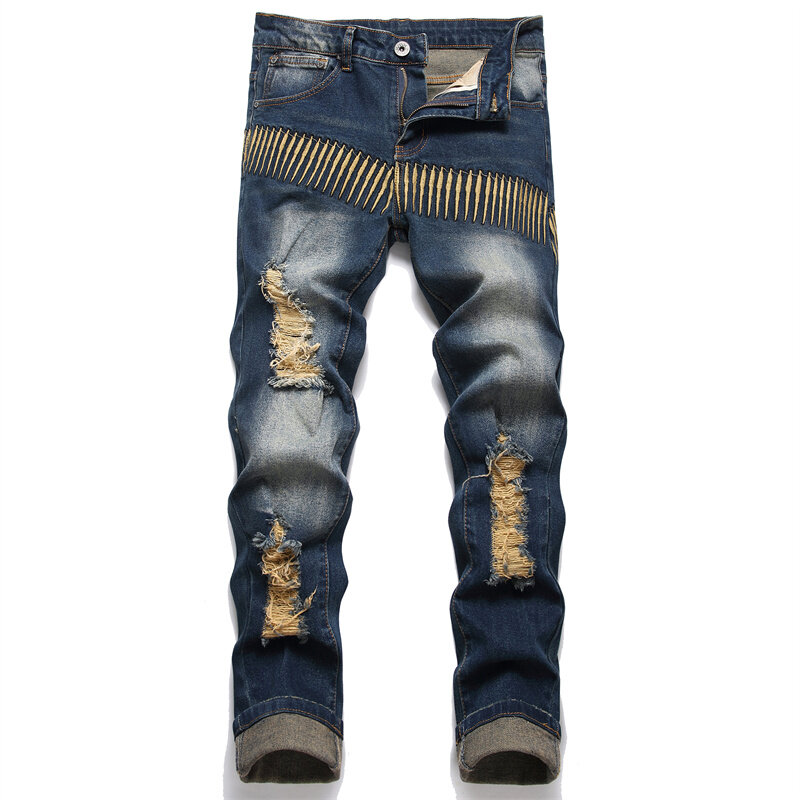 Nostalgic Ripped Jeans Men's Unique Embroidery Design Fashion Street Fashion Elastic Slim Fit Skinny Motorcycle Retro Trousers