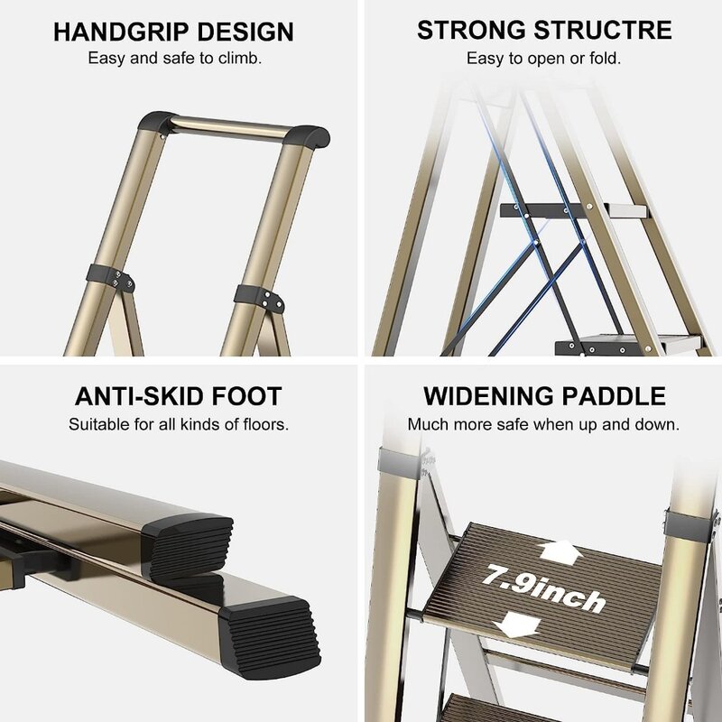 GameGem-Alumínio Folding Stool, 6 Step Ladder, Anti-Slip, Pedal robusto e largo, portátil, leve, escada