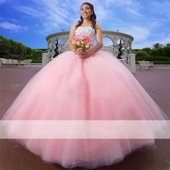 Детское розовое милое платье Cinderella на день рождения, без бретелек, платье Quinceanera для 15 звеньев, модные кружевные платья с бисером