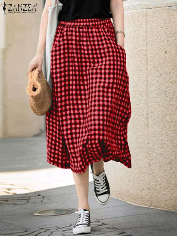 ZANZEA 2024 Summer Holiday elastico in vita Jupes donne Swing gonne coreano Bohemian Plaid Print Overskirt Fashion Pocket Faldas