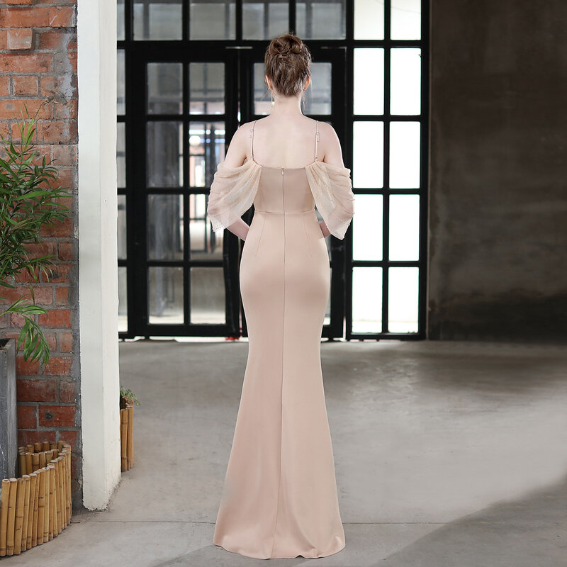 Verão novo vestido de suspensão fino ajuste malha v-neck fishtail saia cor sólida vestido feminino para sediar o banquete