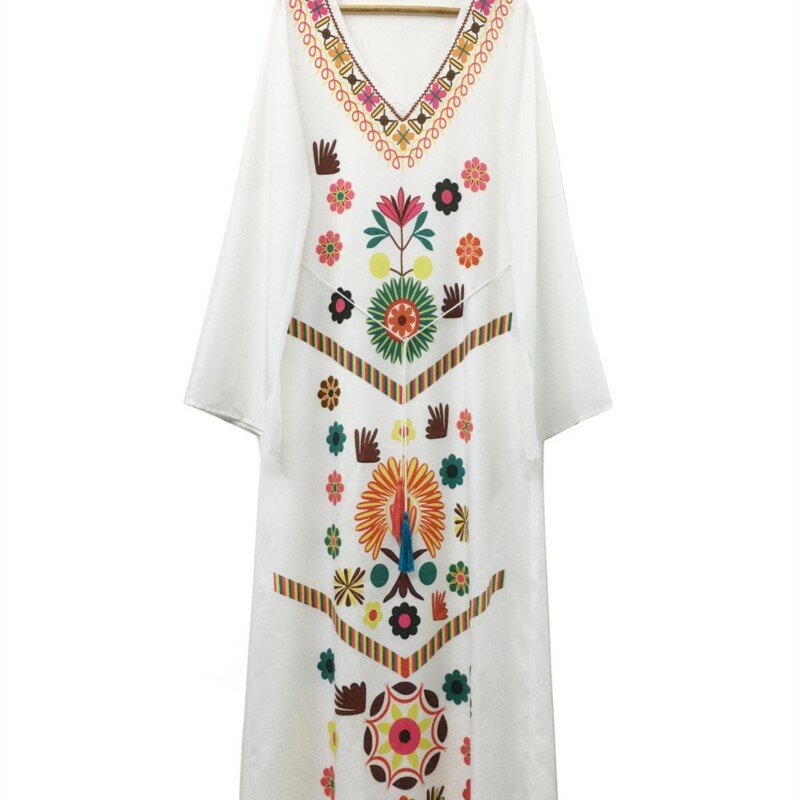 Europejska i amerykańska wiosenna letnia odzież damska artystyczna z frędzlami długa sukienka na Bliskim Wschodzie luźna z dekoltem w szpic