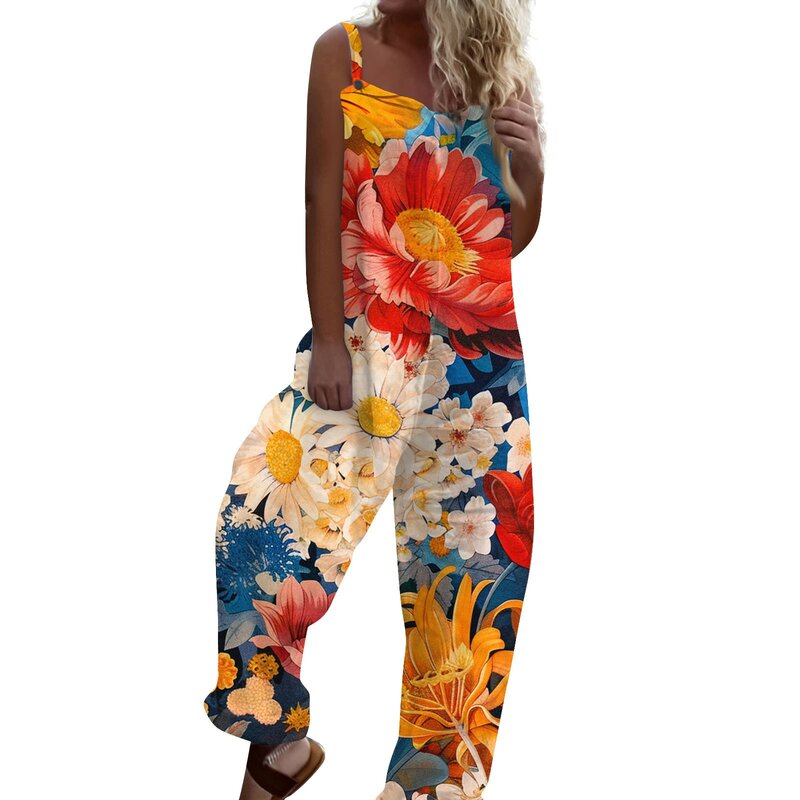 Moda damska kombinezony lato słodkie luźne w stylu Casual, z nadrukami Retro kombinezon wiązany wysokiej jakości spodnie Vintage macacão feminino