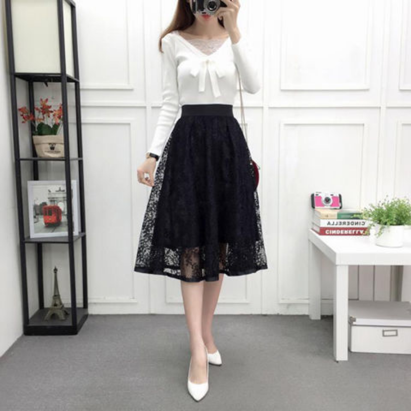 Spring Fashion Korean Circle Hollow Out Black Skirt Elastic High Waist Gentle Casual Loose Mid Length Version A-line Half Skirts