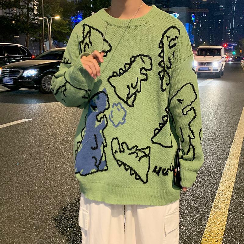 Spring and Autumn Dinosaur Cartoon Pattern Knitted Sweater Japanese Color Couple Loose Round Neck Sweater men clothes 2023
