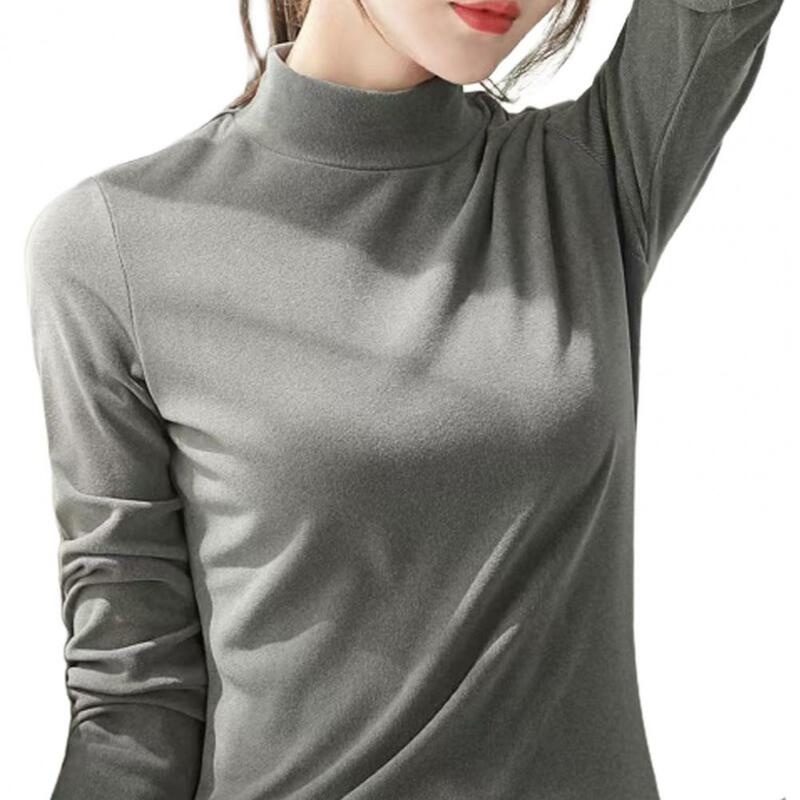 Fall Winter Women Top Half-high Collar Neck Protection Long Sleeve Thick Warm Pullover Simple Windproof Bottoming Blouse