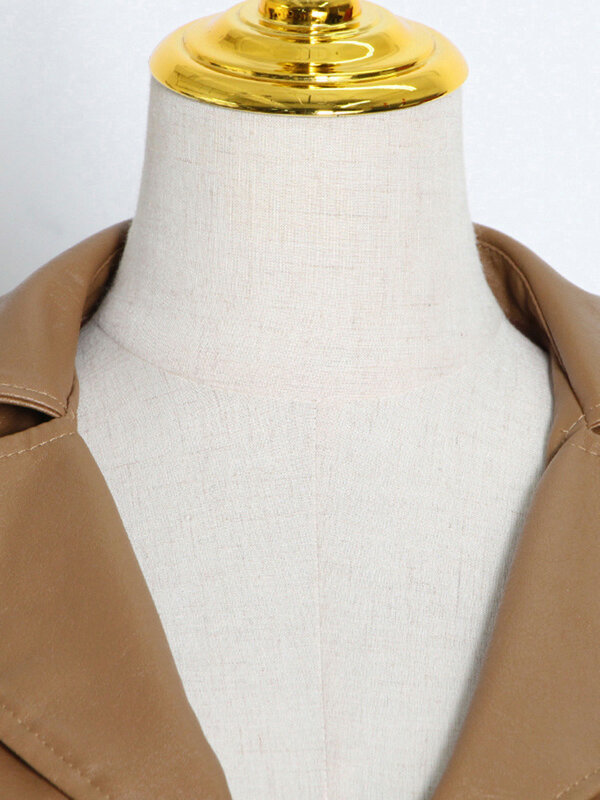 Женское пальто из искусственной кожи с отложным воротником и длинным рукавом