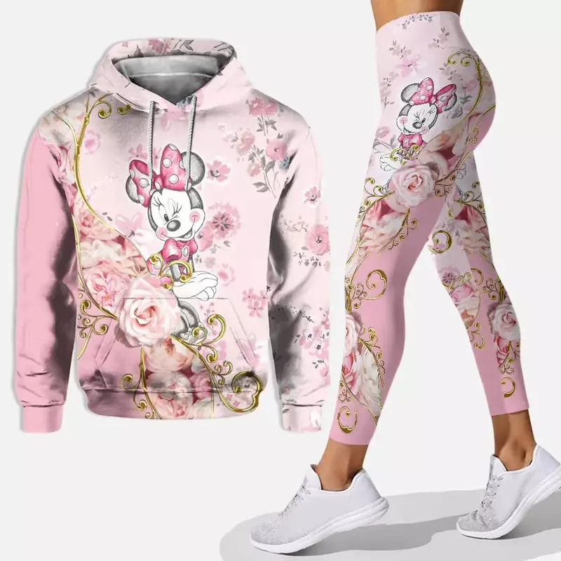 Disney-Conjunto de capuz 3D Minnie Mouse feminino, Mickey Yoga calças, moletom, leggings, agasalho, moda, novo