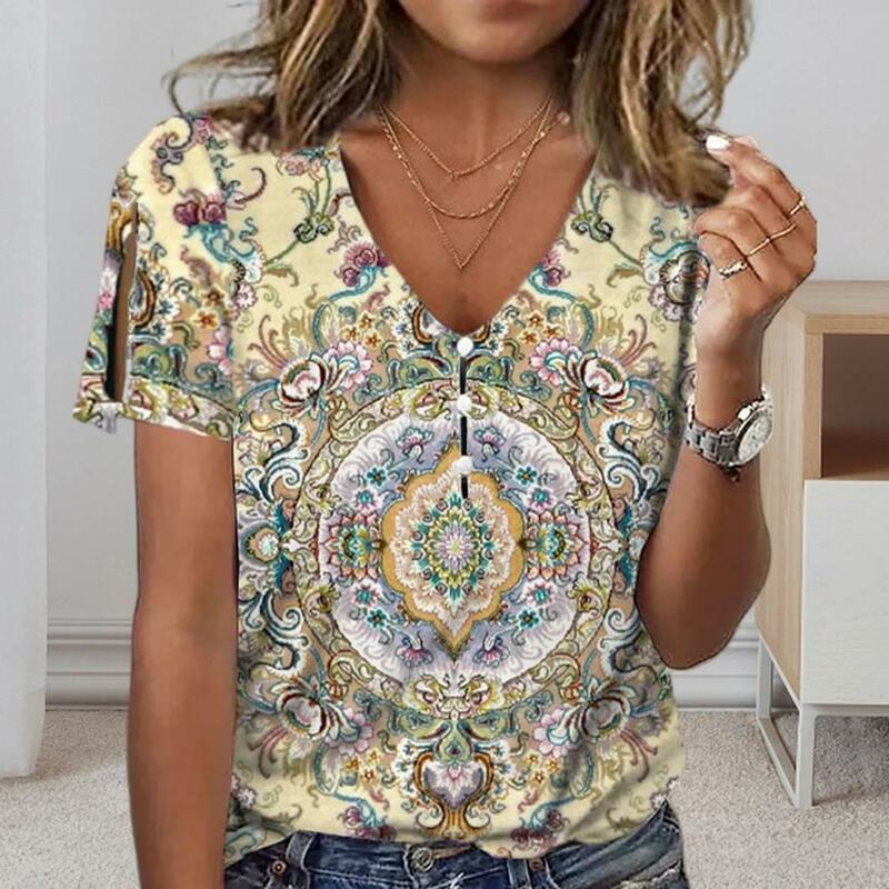 Women Summer T-shirt V-neck Short Sleeve Loose Fit T-shirt Printed Pullover Tops Stretchy Casual Bottoming Shirt Streetwear